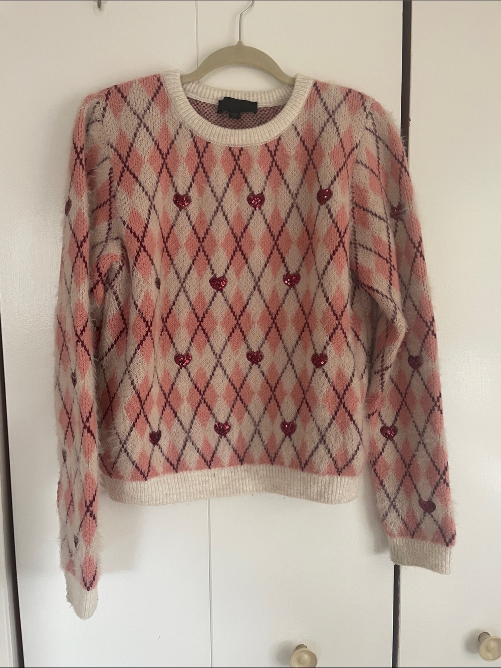Zara Cream and Pink Argyle Heart Crewneck Sweater